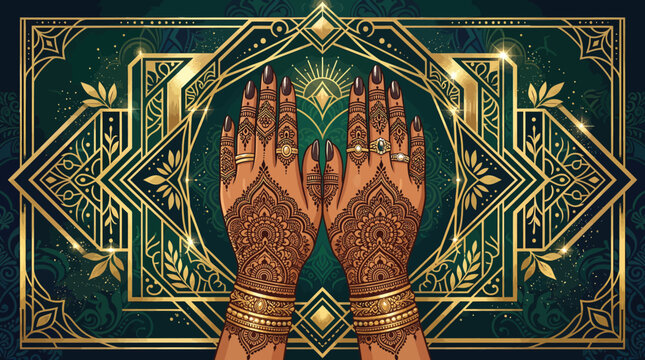 Luxury henna hands, gold ornate design, green background, bohemian pattern, decorative palms
