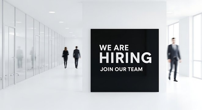 We Are Hiring Sign in Modern Office Hallway with Business People