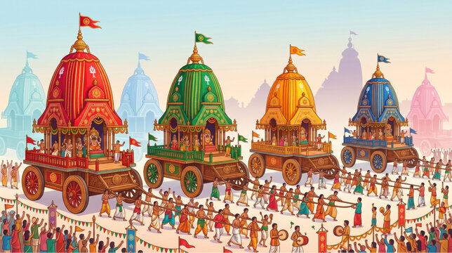 Happy rath yatra vector illustration with four colorful chariots and musical procession of devotees for Lord Jagannath festival celebration
