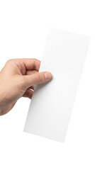 Fototapeta premium Man's hand holding a blank white flyer or menu for mockup. Isolated on transparent background, png