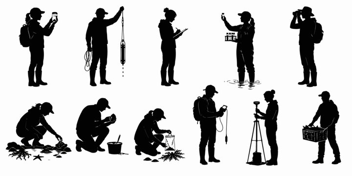 Scientists conduct field research collecting plant samples and data in natural outdoor environment with various equipment.