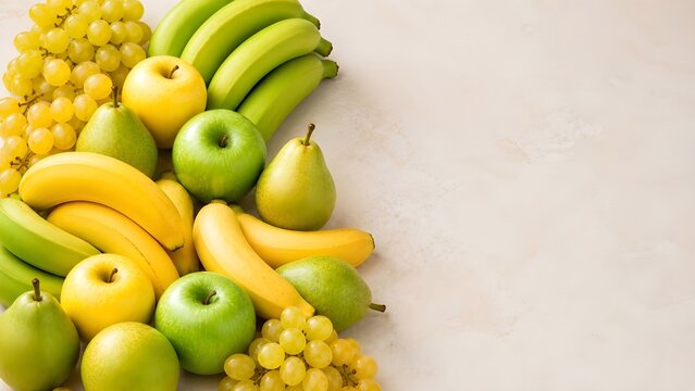 Fusas color verde y amarillo, pl&aacute;tanos, manzanas, uvas y peras.