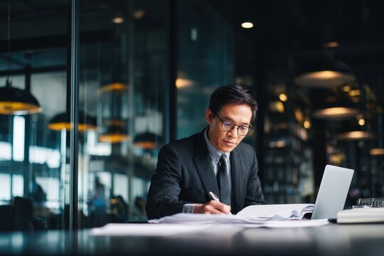 Asian businessman reviewing financial reports and contracts at a modern office with a laptop