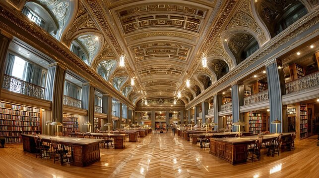 Grand library interior with symmetrical architecture, bookshelves, and reading tables under ornate ceilings