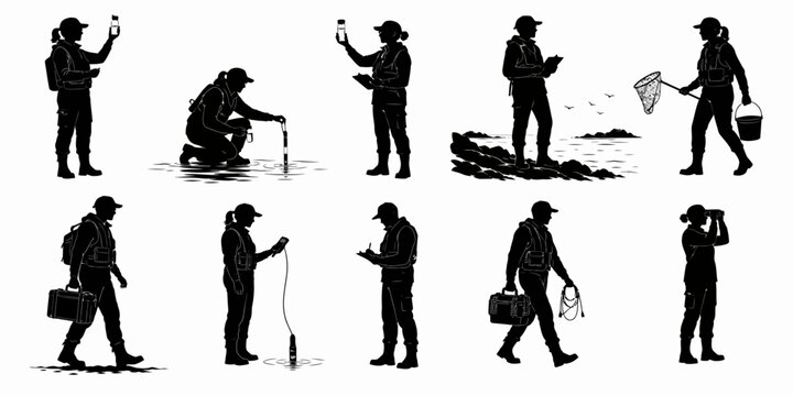 Silhouettes of a man engaging in various outdoor activities with tools and equipment in different environments and landscapes.