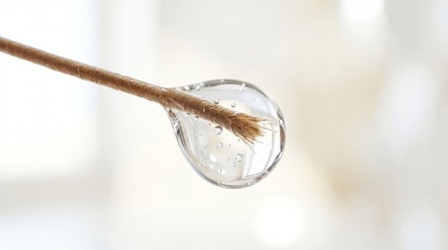 Single hair strand with split end in protective liquid droplet