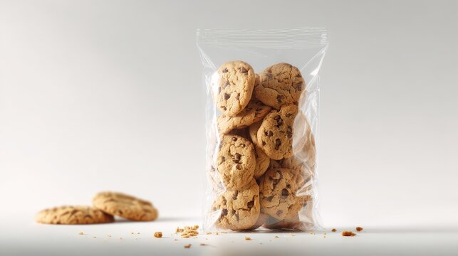 Golden chocolate chip cookies inside a resealable plastic bag, ideal for branding and labeling