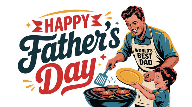 Happy Father&rsquo;s Day illustration showing father grilling food with apron reading World&rsquo;s Best Dad, child helping, and colorful text design symbolizing family bonding and celebration of fatherhood