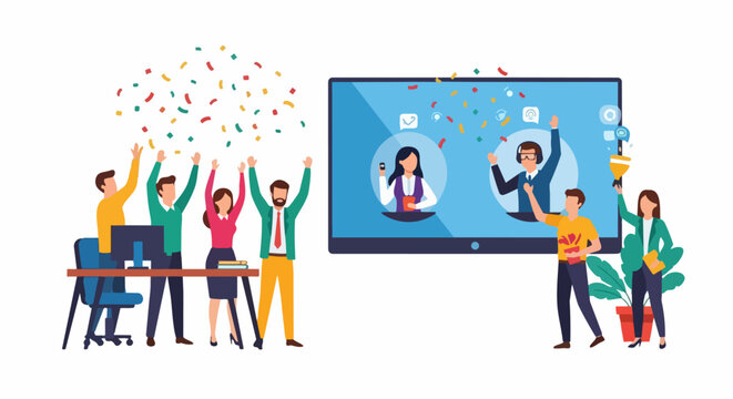 Business Team Celebrating Success During Virtual Meeting and Online Corporate Event Vector Illustration