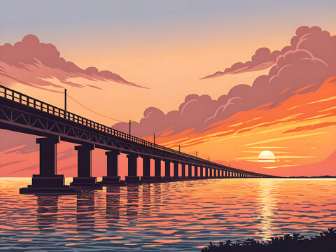 Flat Pamban Bridge sunset horizon scene