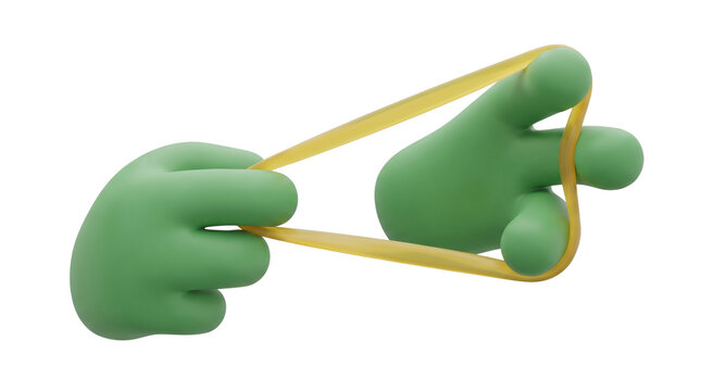 Green alien hand stretching elastic, isolated on white background, tension concept with clean edges.