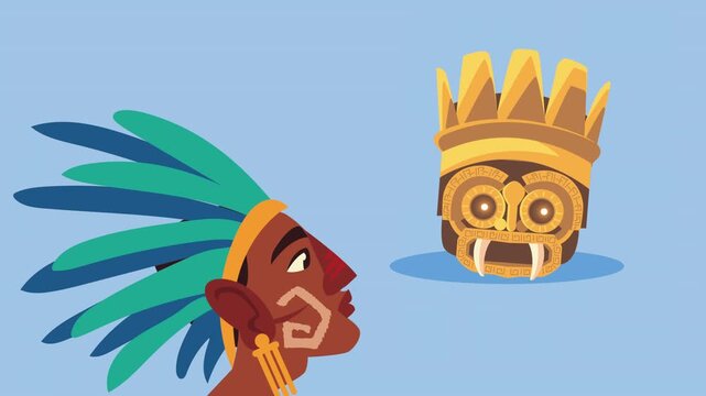 Animation of aztec warrior profile wearing feather headdress and golden mask in light blue background.