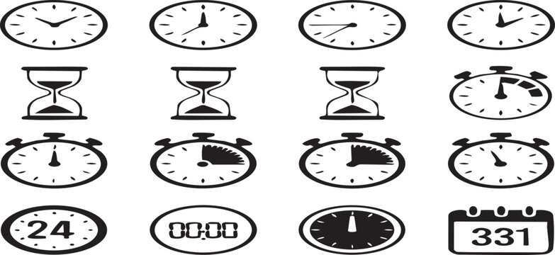 Set of vintage clocks and kitchen scale vector illustration for time and weight measurement tool design