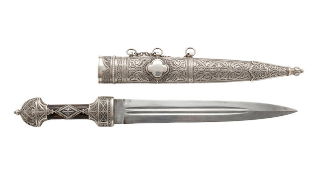 Traditional Circassian Adyge Kama Silver Dagger Isolated on White Background