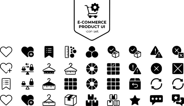 E-Commerce Product UI Icon Set Wishlist Compare Size Picker Color Swatch In Stock Low Stock OOS Returns Bundle Review Star Shopping Cart Vector Illustration
