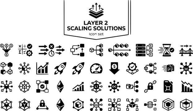 Layer 2 Scaling Solutions Icon Set Rollup ZK Proof Optimistic State Channel Plasma Sidechain Sequencer Finality Bridge Back Blockchain Scaling Vector Illustration