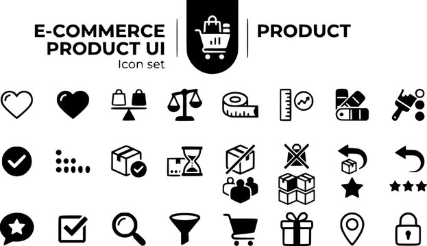 E-Commerce Product UI Icon Set Wishlist Compare Size Picker Color Swatch In Stock Low Stock OOS Returns Bundle Review Star Shopping Cart Vector Illustration