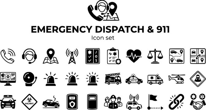 Emergency Dispatch 911 Icon Set Call Triage Dispatch Priority Code CAD Incident Type Unit Arrival Scene Clear Mutual Aid First Responder Vector Illustration