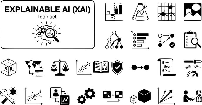 Explainable AI XAI Icon Set SHAP LIME Attention Map Saliency Decision Path Feature Importance Counterfactual Audit Model Interpretability Black-Box Vector Illustration