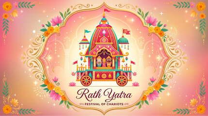 Obraz premium Happy rath yatra vector illustration with traditional chariot inside ornate floral arch frame on pink background for Jagannath festival banner 