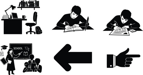 Student writing at desk, teacher with students, school blackboard vector silhouette illustration. © Silhouette