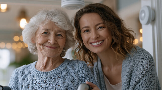 Adult daughter installs a motion sensor above a doorframe while her elderly mother watches from a walker in a sunlit hallway of a modest home, perfect for aging in place, smart home safety, and cont
