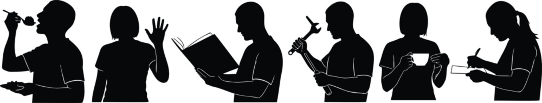 Silhouette vector illustration of people engaged in various daily activities.