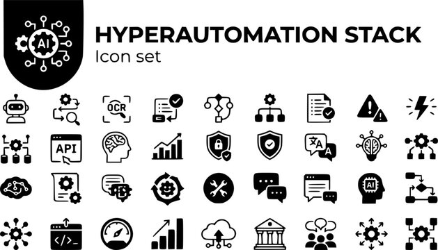Hyperautomation Stack Icon Set RPA Bot Process Mine OCR Extract Decision Rule Orchestrate Audit Trail Exception Trigger Intelligent Automation Vector Illustration