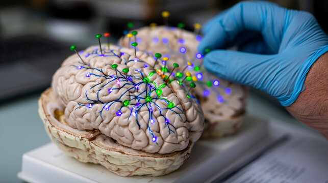 Close view of two open human brain model halves on a lab table, colored pins marking dopamine pathway nodes, a researcher's gloved hand adjusting a pin, perfect for addiction neuroscience, reward sy