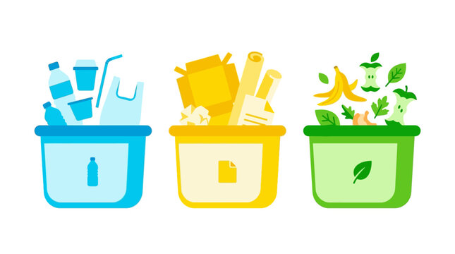 Vibrant illustration showcasing three distinct bins for organized waste sorting, promoting environmental sustainability, recycling, and responsible disposal practices