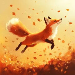 Fototapeta premium A cheerful fox leaps joyfully through a flurry of autumn leaves, bathed in warm sunlight. This captivating scene captures the essence of nature in the fall.