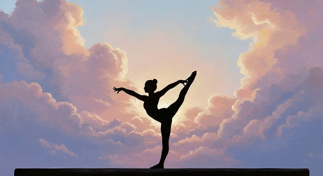 Graceful gymnast silhouette beam pose at sunset with clouds