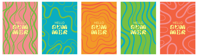 Hello Summer groovy abstract posters with squiggle pattern. Funky organic retro wavy lines background set with hippie typography. Hand drawn vector waves 60s 70s psychedelic pattern © Olga Tsikarishvili