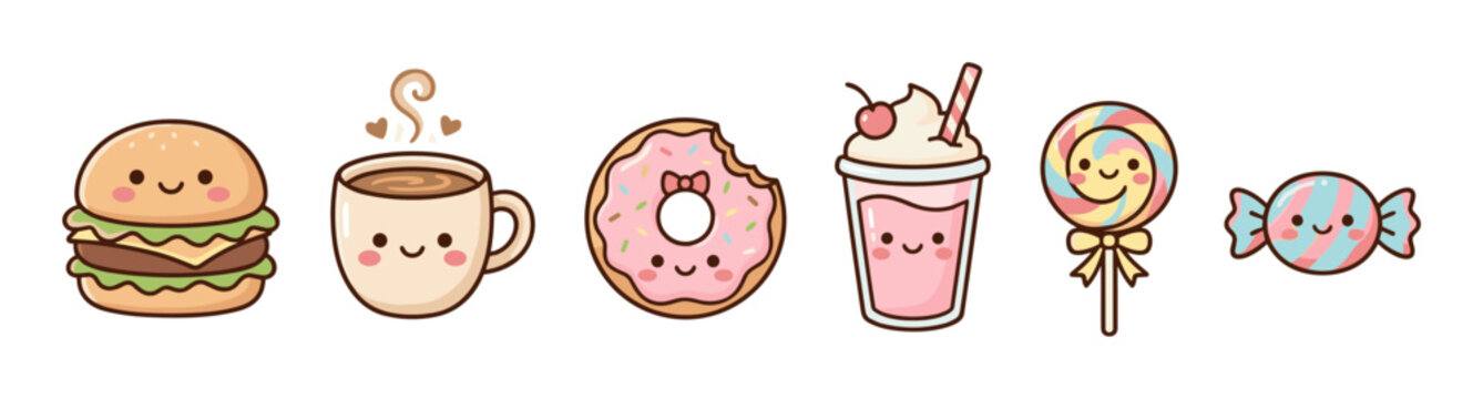 Cute kawaii food character icon set with burger coffee donut milkshake candy and sweets on transparent background