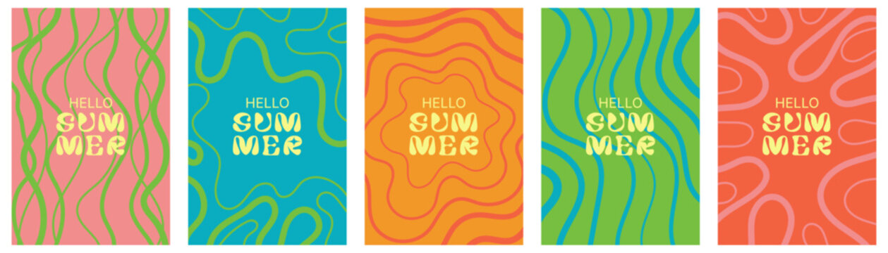 Hello Summer groovy abstract posters with squiggle pattern. Funky organic retro wavy lines background set with hippie typography. Hand drawn vector waves 60s 70s psychedelic pattern