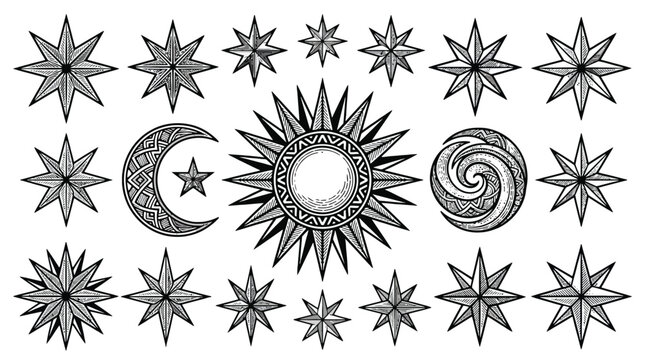 Celestial Symbols Stars Sun Moon Crescents and Spirals Illustration.