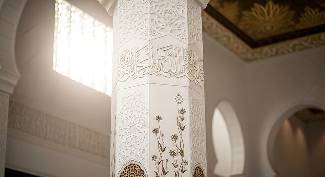Intricate Arabic calligraphy decorates ornate white arches in a historic mosque interior.