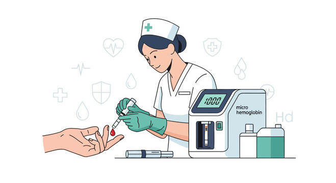 Nurse performs hemoglobin test on patient's finger using medical device, healthcare concept
