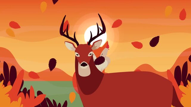Animated autumn scene with fox and deer during sunset with falling leaves.