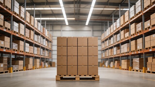 Pallet Of Boxes On Aisle, Highbay Shelving Stretching Into Distance, Uniform Cartons Stacked On Wooden Pallet, Industrial Lighting, Concrete Floor, Organized Inventory For Distribution,