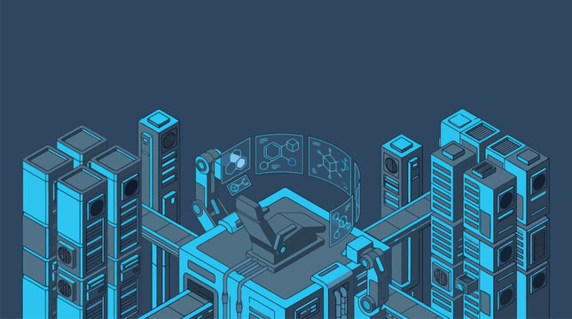 Futuristic isometric cityscape with neon towers.