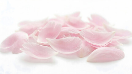 Obraz premium Pile of soft pink flower petals isolated on white background, delicate rose petals heap with selective focus, gentle aesthetic for cosmetic and spa wellness design