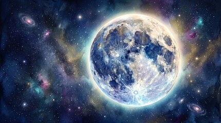 Fototapeta premium Vast Celestial Panorama A Full Moon Amidst a Star-Studded Galaxy