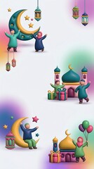Naklejka premium 3D render of Muslim people celebrating Ramadan with crescent moon, mosque, lanterns, and gift boxes on a soft gradient background