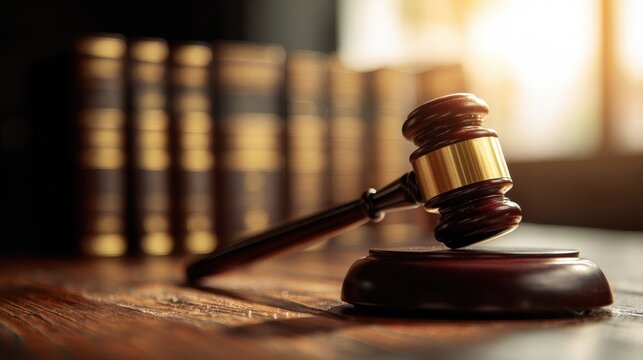 Judicial gavel on a polished desk with stacks of legal books in soft focus