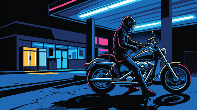 Motorcyclist on motorcycle at night beside neon lights.