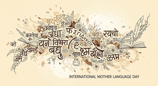 International Mother Language Day abstract artistic design with typography and ink splashes.
