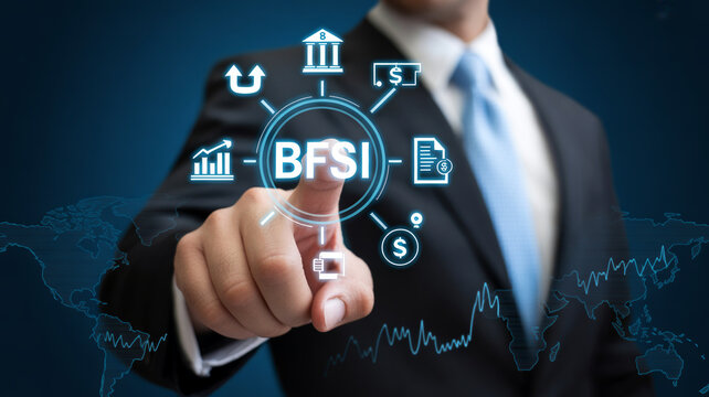 Professional in formal suit interacting with futuristic digital interface showcasing financial symbols and bfsi concepts in vibrant blue glowing holographic display