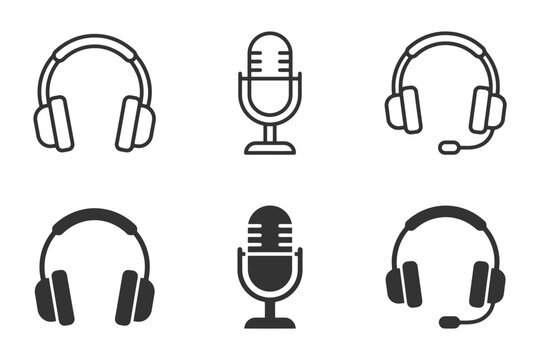 Collection of headphone and microphone icons in black and white.