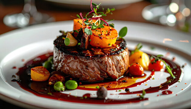 Grilled beef steak with vegetables and sauce on white plate